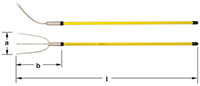 Two horizontal views of a three-pronged hay fork with yellow fiberglass handle with black tip end.  Top image shows a long handle and a thin, curved pitching head. Bottom image shows top-down view of hay fork with three tines.  AMPCO is etched on the hand